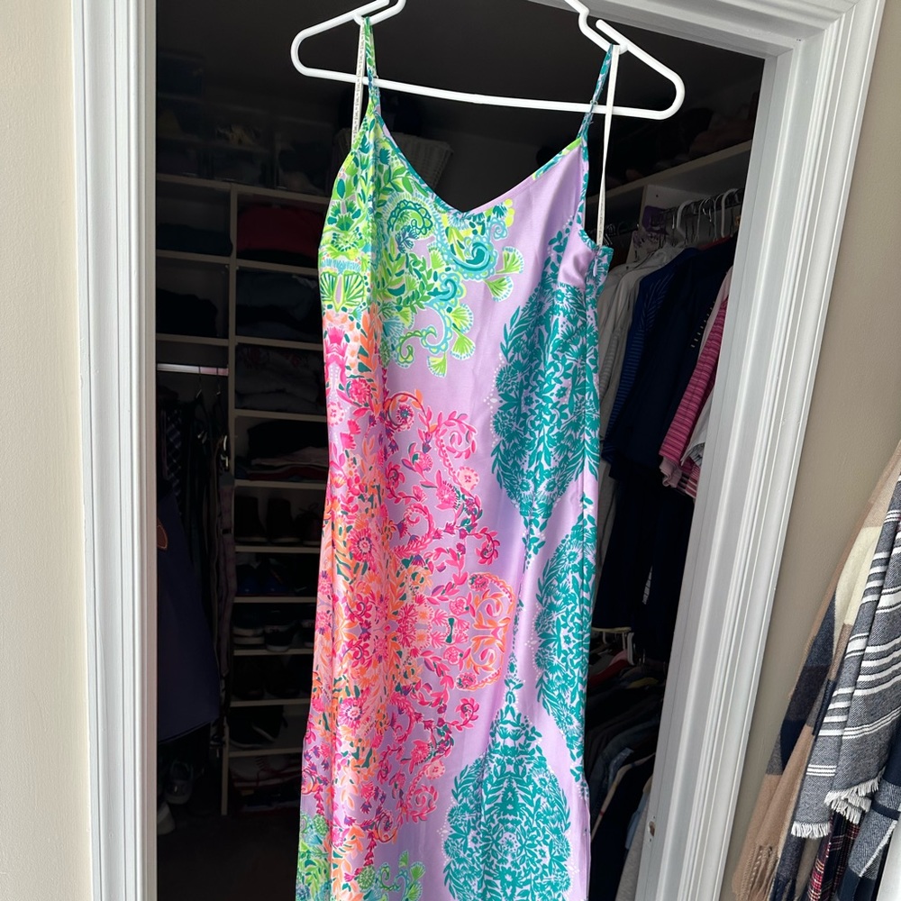 Mid-length silk Lilly Pulitzer gorgeous bright colored dress.